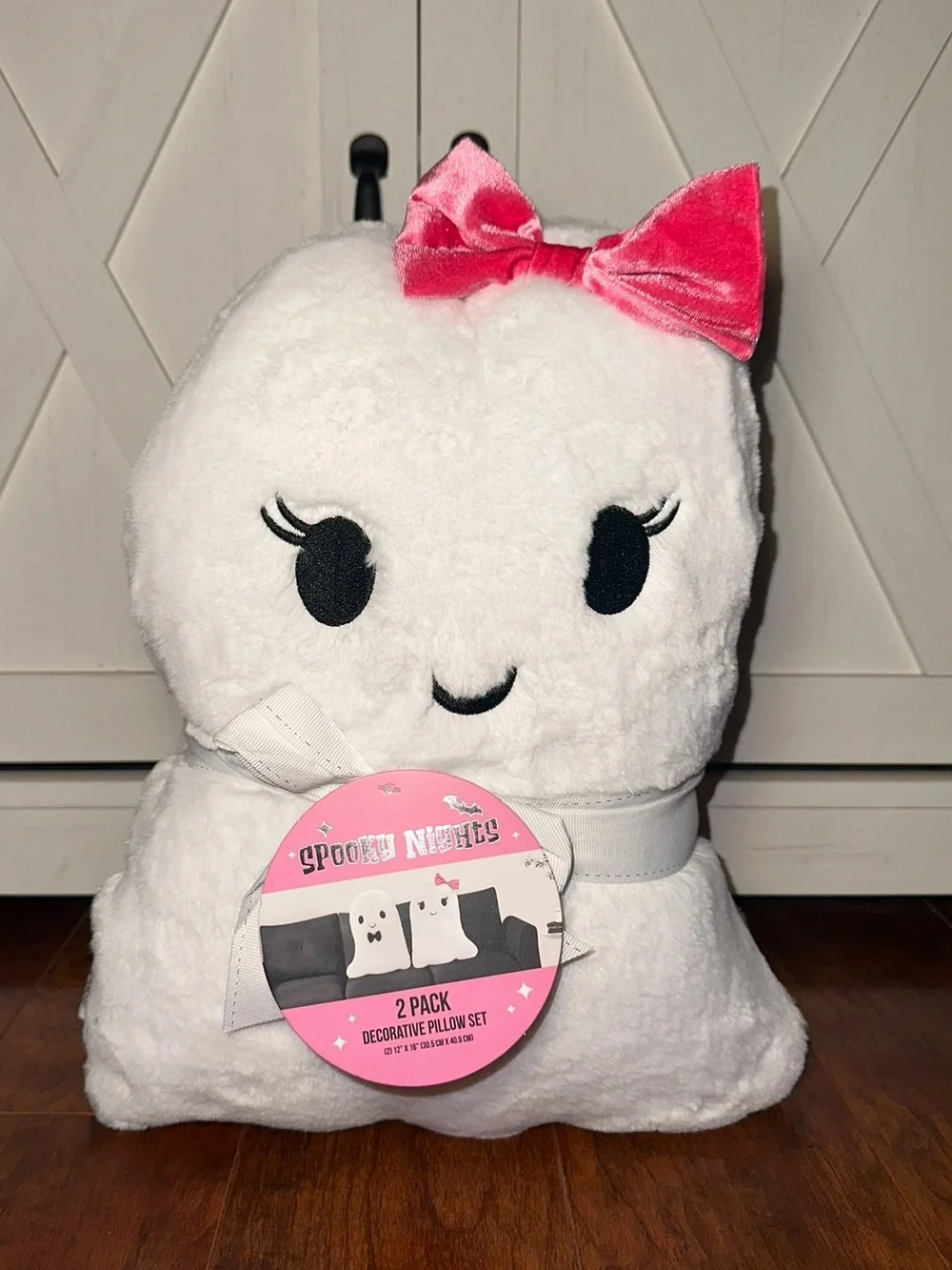 Cute Ghost Couple Faux Fur Pillow Set of 2 with Pink Bow & Black Bowtie